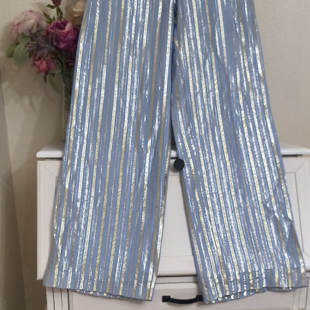 Elegant Blue and Gold Striped Women's Wide Leg Pants - Picture 4 of 9